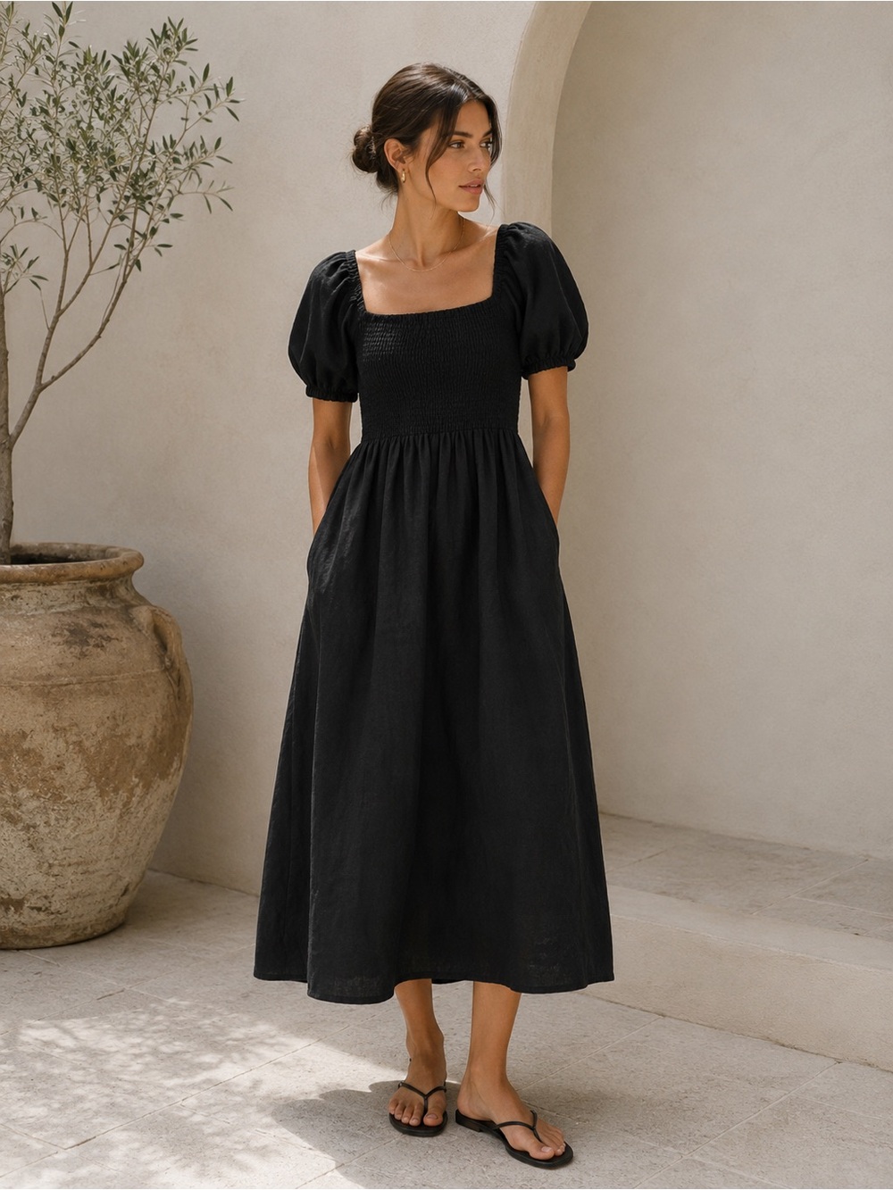 NEW Boden Sky Smocked Short Sleeve Linen Midi Dress